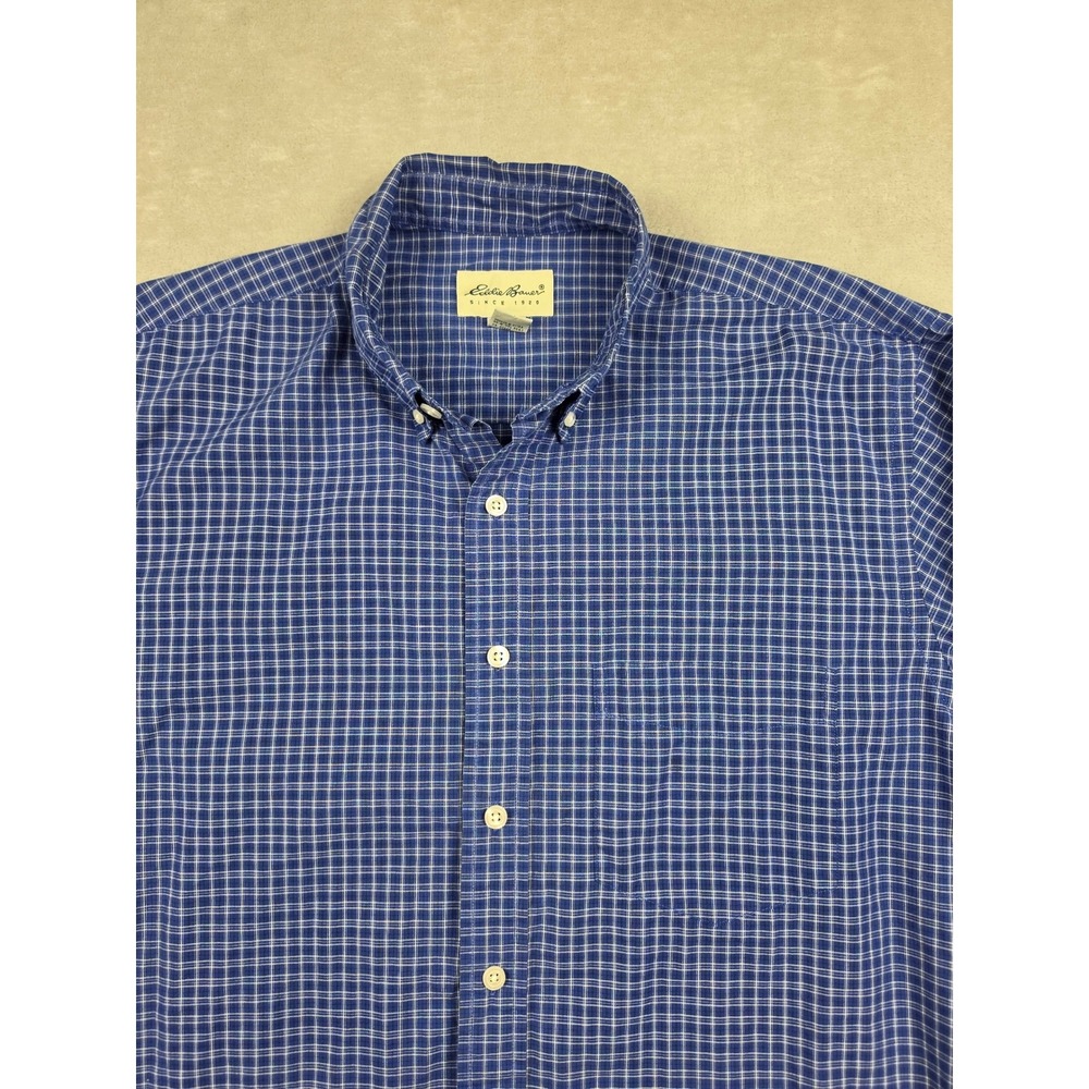 Eddie Bauer Button Down Shirt Mens L Tall Purple Blue Plaid Long Sleeve Cotton